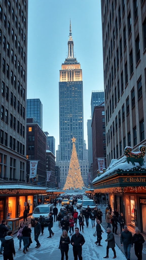 Christmas New York Aesthetic Laptop Wallpaper Christmas-themed New York City wallpaper featuring holiday lights and decorations.